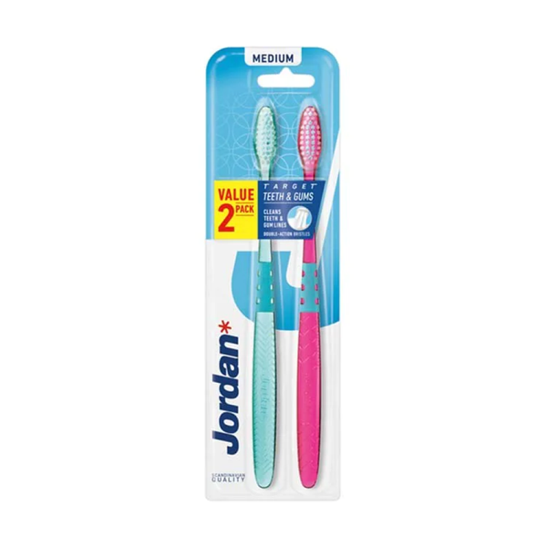 Jordan Medium Toothbrush, 2 Pack, Ergonomic Handle, Plaque Removal