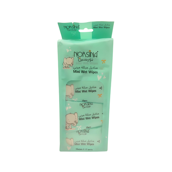 Norsina Wet Wipes, Hand and Face Cleaning, 10 Wipes per Pack, 12 Packs