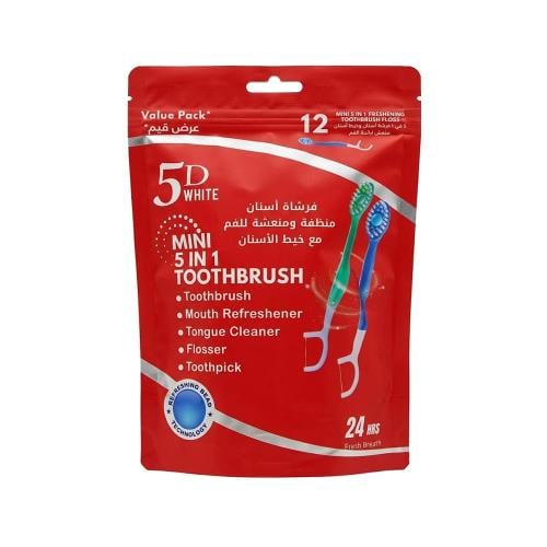 5D White 5-in-1 Toothbrush and Flosser Travel Oral Care Tool, 12 Pieces