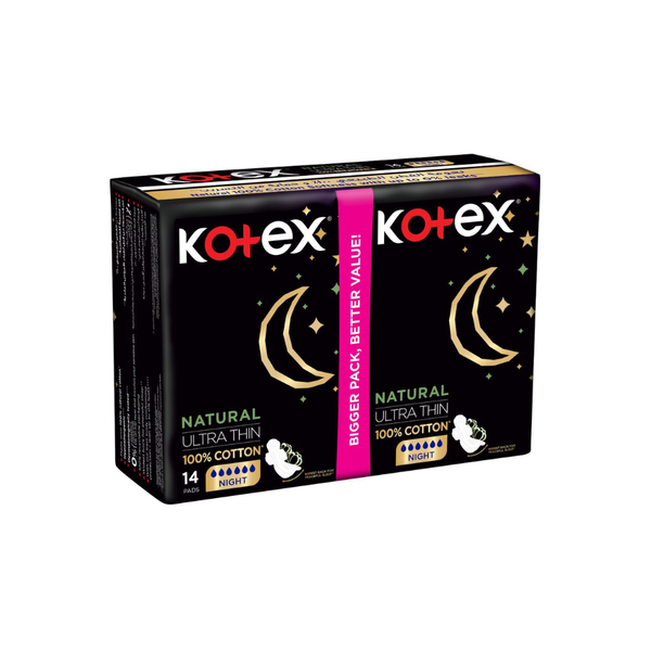 Kotex Natural Night Thin Overnight Pads, 14 Count, Leak-Proof