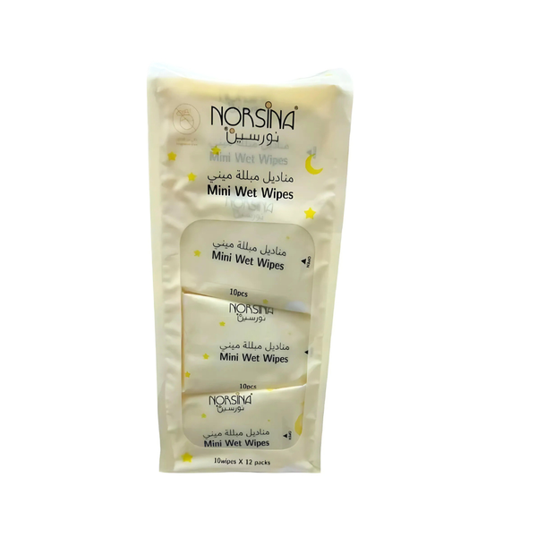 Norsina Mini Wet Wipes for Hands & Face, Alcohol-Free, 10 Count (12 Pack)