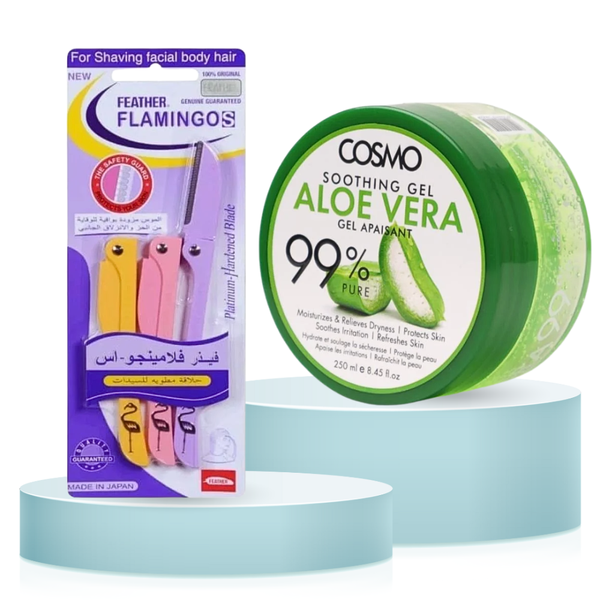 Feather Flamingo Blades & Cosmo Aloe Vera Gel Kit for Smooth Skin