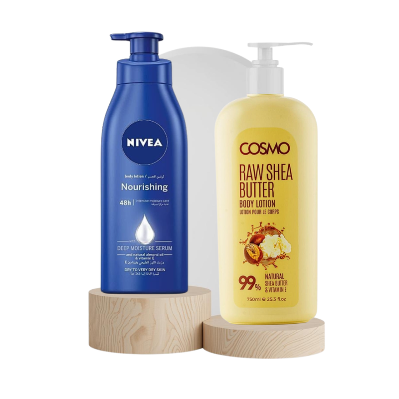 Cosmo Shea Butter & Vitamin E, NIVEA Almond Oil Body Lotion Set 750ml + 400ml
