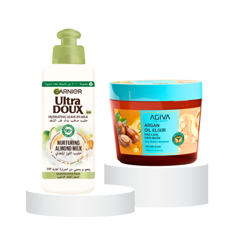 Garnier & Agiva Hair Treatment Set: Argan Oil, Almond Milk, 300ml + 200ml