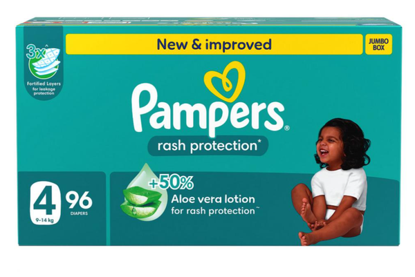 Pampers Diapers Taped Rash Protection Jumbo Box Size 4 96 Count