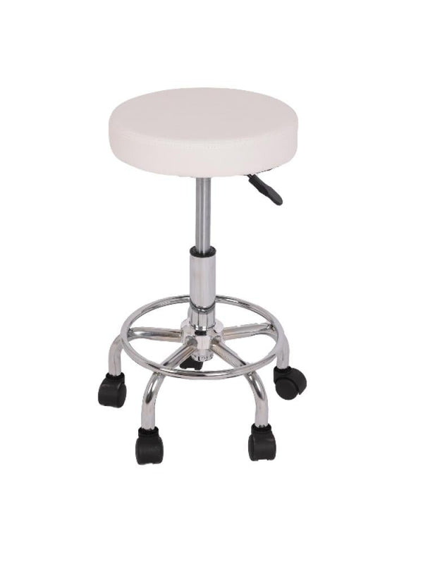 Salon System Round Rolling Technician Stool - White Iron Base, Adjustable Height