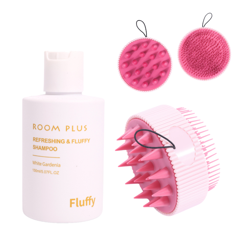 Room Plus Refreshing & Volumizing Shampoo & Silicone Scalp Massage Brush Set - Gardenia Scent