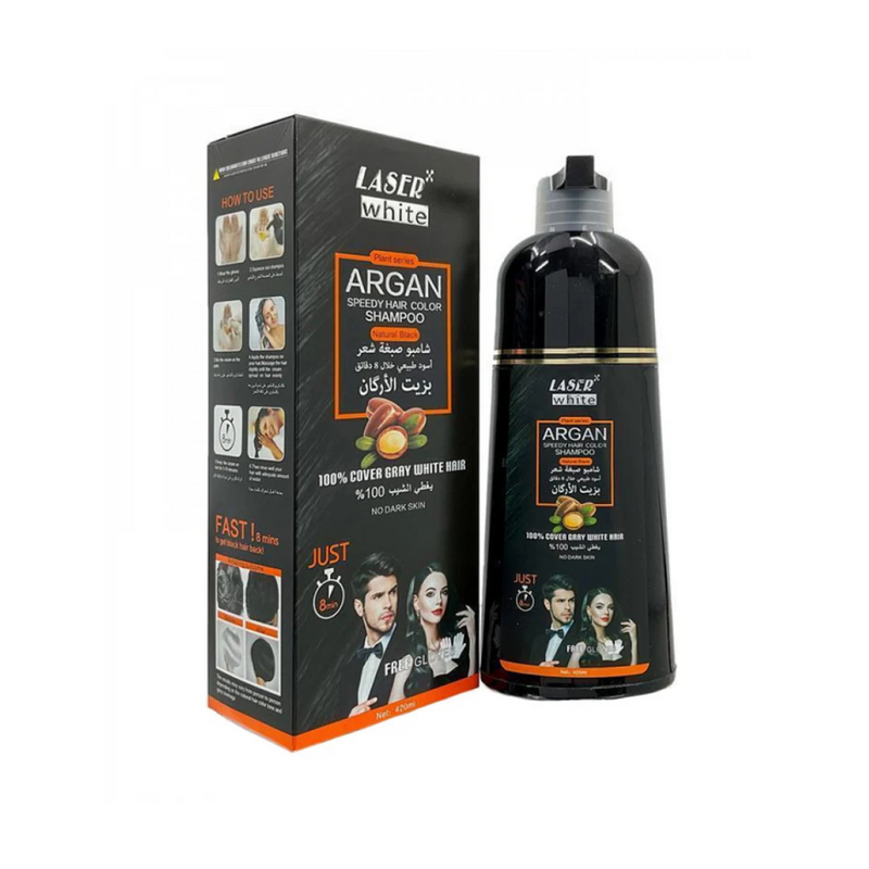 Laser White Hair Color Shampoo with Argan Oil for Gray Coverage, Natural Black 420ml