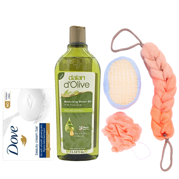 Dalan d'Olive Shower Gel with Olive Oil 400ml & Dove Soap 75g with Loofah