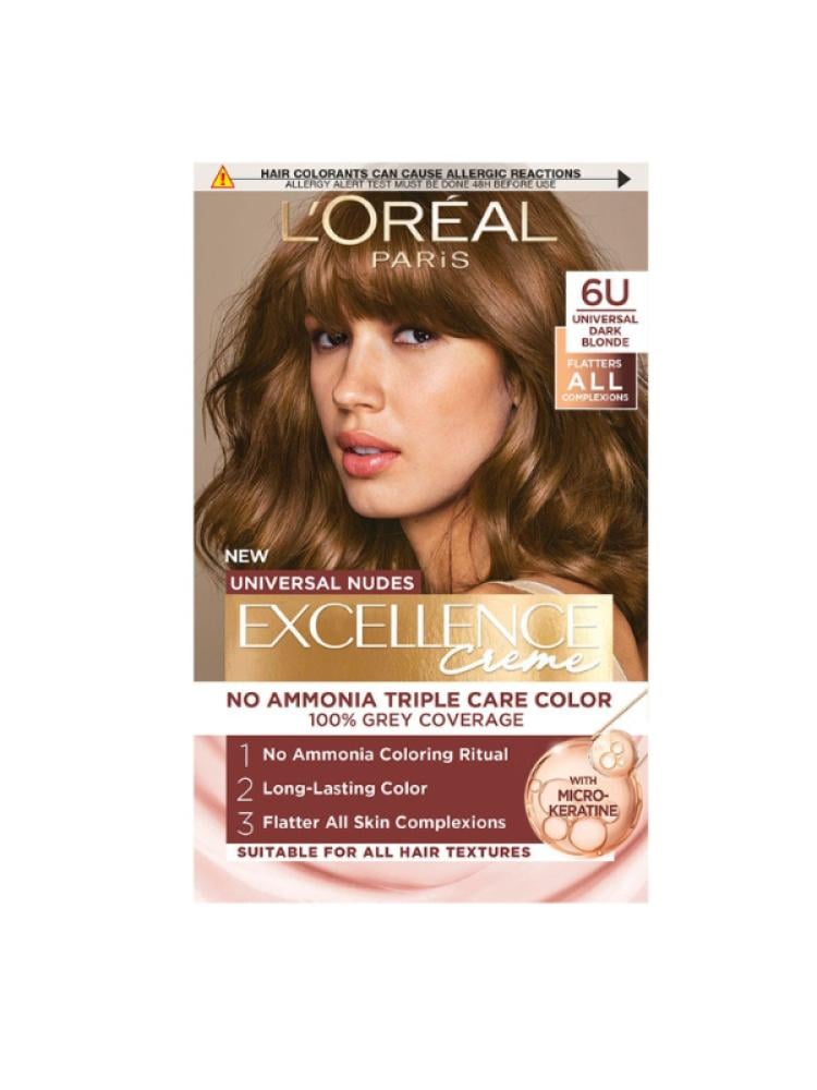 L'Oréal Paris Excellence Hair Color Cream - Dark Blonde 6U, Triple Care Formula
