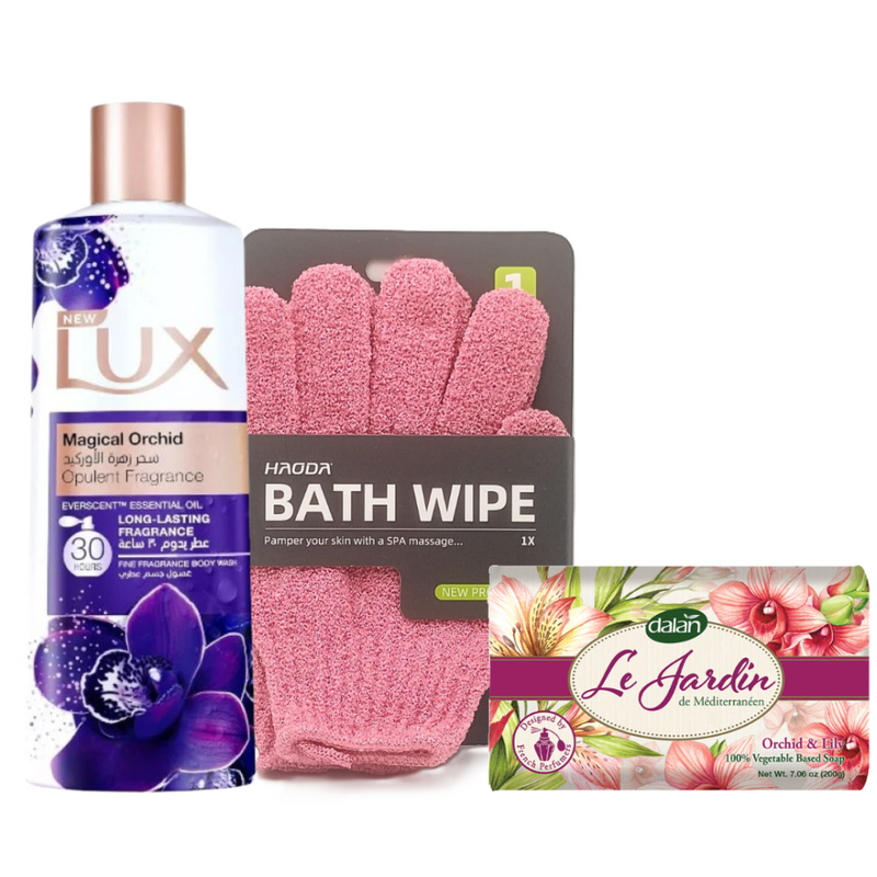 Orchid Flower Scented Bath Set - Body Wash, Soap, and Bath Glove