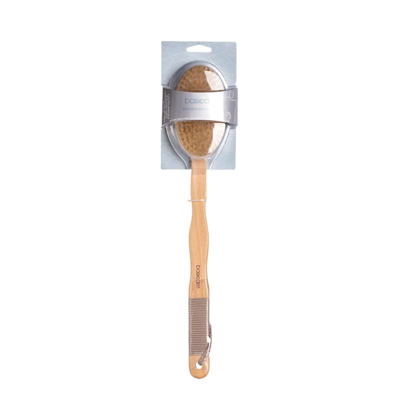 Basic Care Long Wooden Handle Bath Brush, Exfoliating Body Scrubber