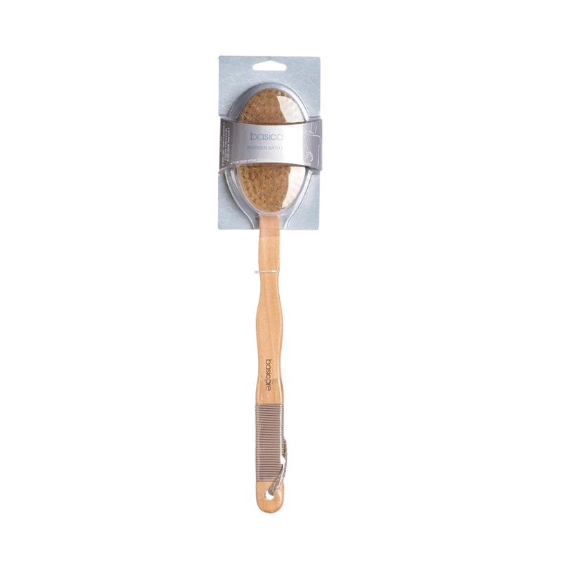 Basic Care Long Wooden Handle Bath Brush, Exfoliating Body Scrubber