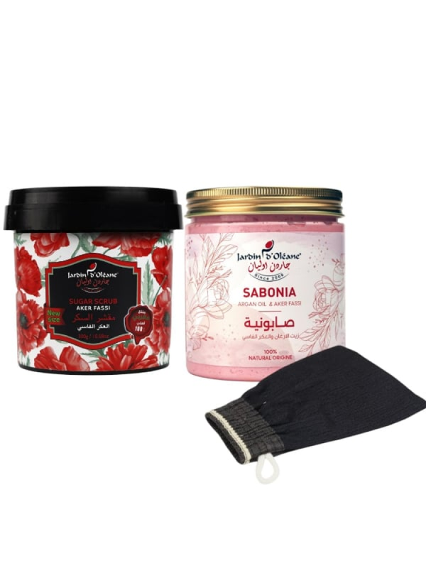 Garden Olean Aker Fassi Body Brightening Set - Sugar Scrub, Argan Oil Soap, Kessa Glove