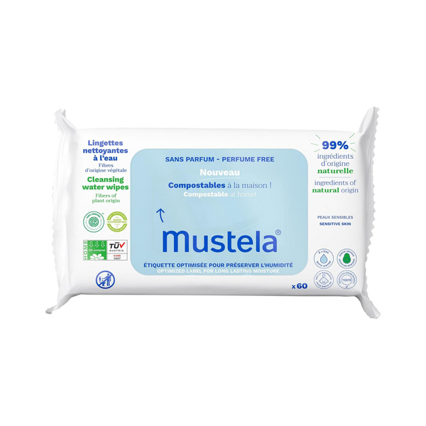 Mustela Cleaning Wipes, Biodegradable, Unscented, 60 Count