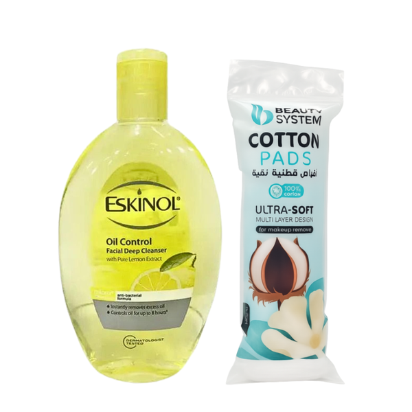 Eskinol Facial Cleansing Set - Lemon Extract, Cotton Pads - 225ml, 80 Count