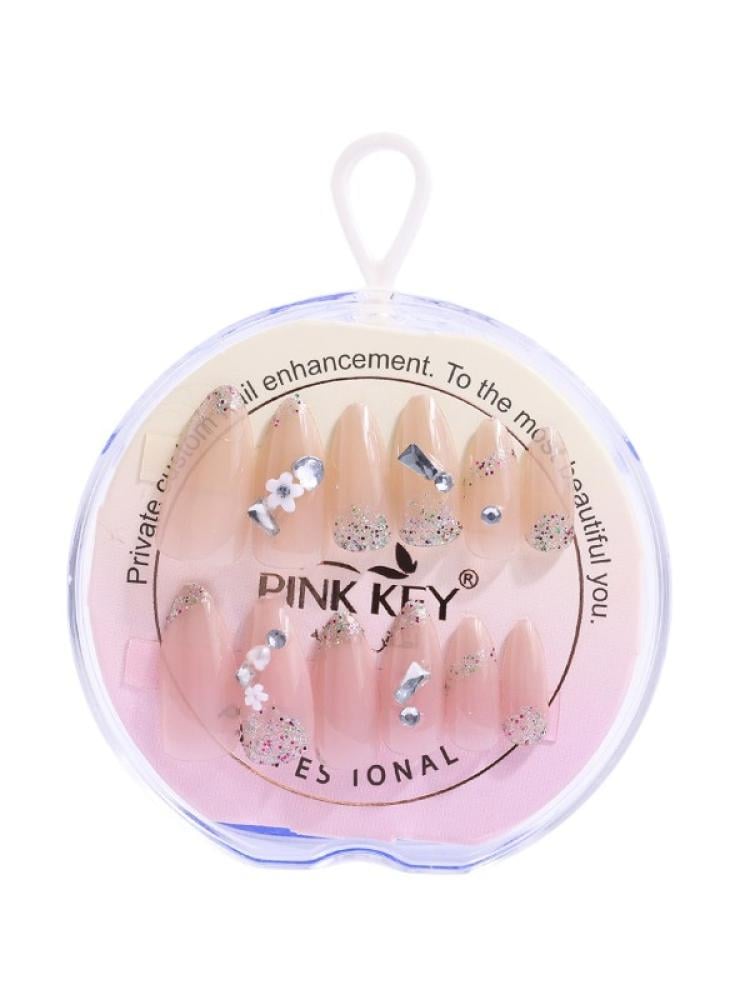 Pink Press-On Nails with Glitter and Rhinestones - Glossy Finish