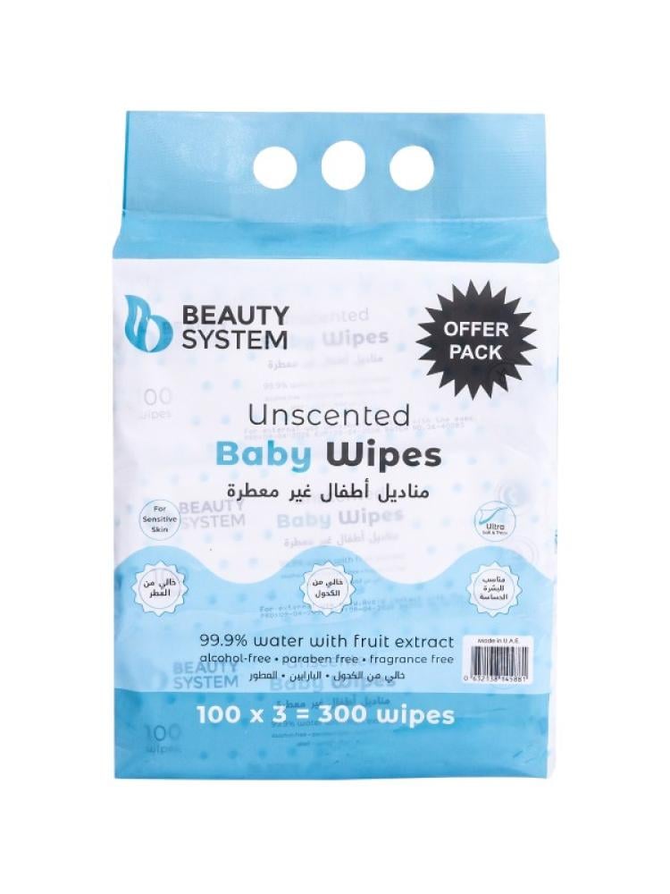 Unscented Baby Wipes 99.9% Water Gentle Sensitive Skin Beauty System 3x100
