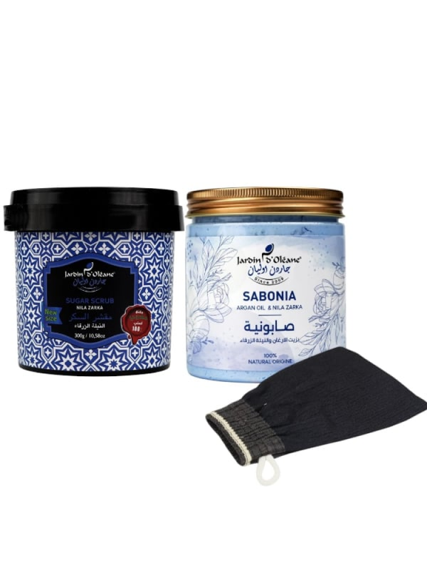 Garden Olean Blue Nila Body Exfoliating & Brightening Set - Sugar Scrub, Argan Oil Soap, Kessa Glove