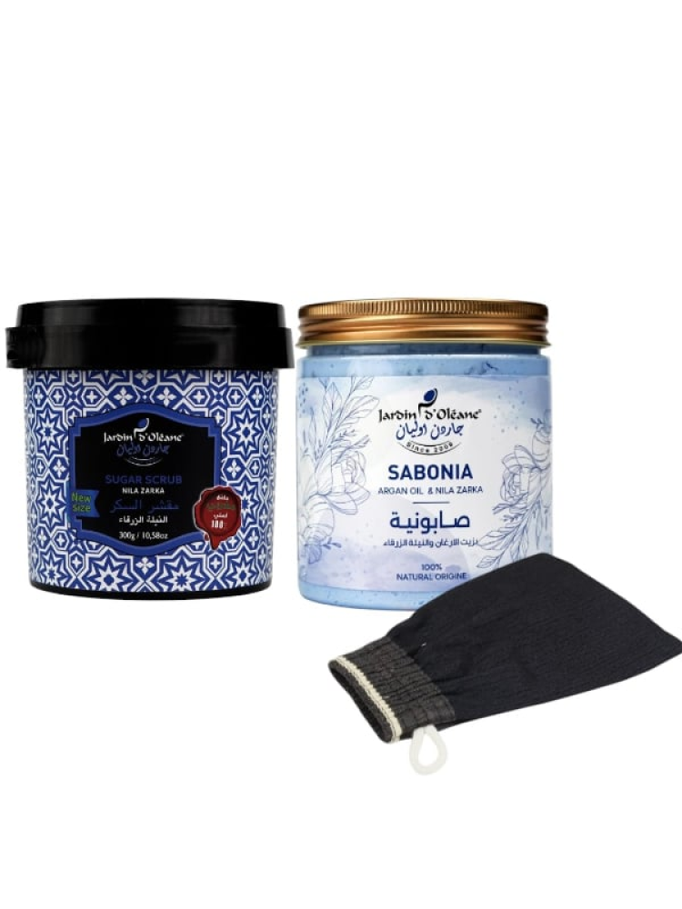 Garden Olean Blue Nila Body Exfoliating & Brightening Set - Sugar Scrub, Argan Oil Soap, Kessa Glove