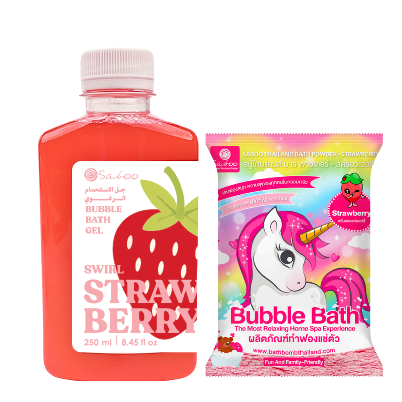 Bubble Bath Basket Strawberry Scented Gel and Powder Set Saboo 350g