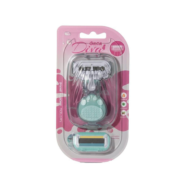 Mini Travel Razor Women's 4-Blade Close Shave Orca Diva 1 Handle + 2 Blades