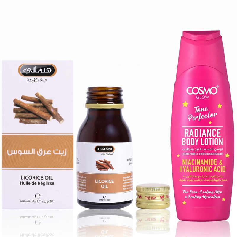 Body Brightening Set Even Skin Tone Cosmo Lotion & Licorice Oil 500ml+30ml