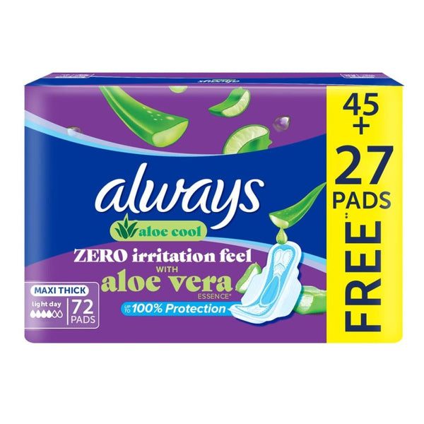 Always Sanitary Pads Aloe Cool Maxi Thick Light Days 72 Pack