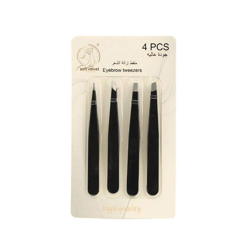 Precision Eyebrow Tweezers Set Stainless Steel Grooming Soft Velvet 4 Pieces