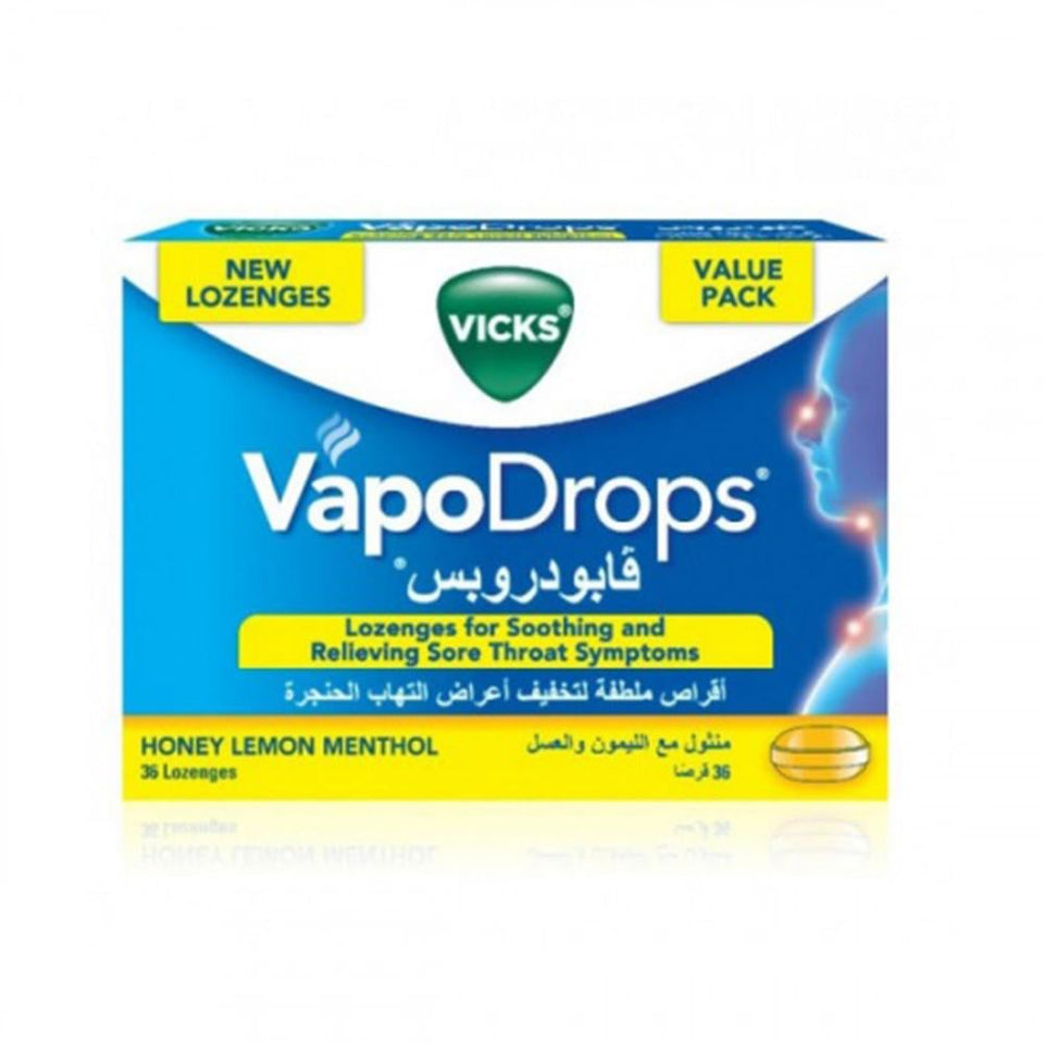 Vicks VapoDrops Honey Lemon Menthol Cough Drops for Sore Throat & Congestion 36 tablets
