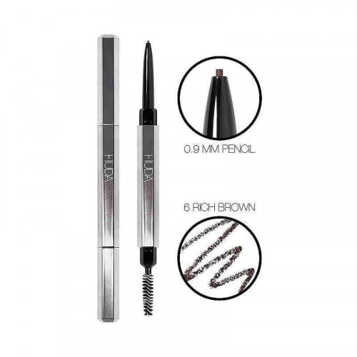 Huda Beauty Eyebrow Defining Pencil, 0.9mm Tip, 2-in-1 Tool, Rich Brown