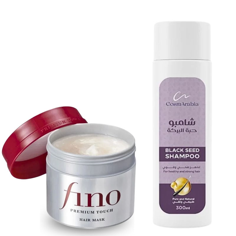 CosmArabia Black Seed Shampoo & Fino Premium Touch Hair Mask Set