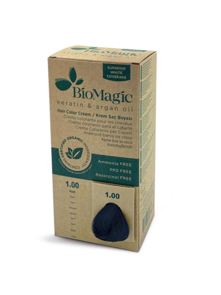 BioMagic Ammonia-Free Hair Color Cream Keratin Argan Oil Black 1.00