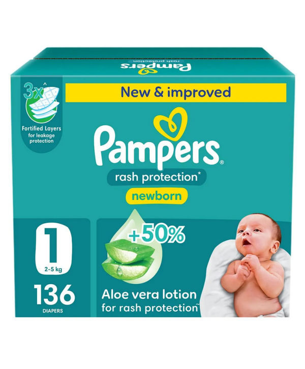 Pampers Diapers Taped Rash Protection Jumbo Box Size 1 136 Count