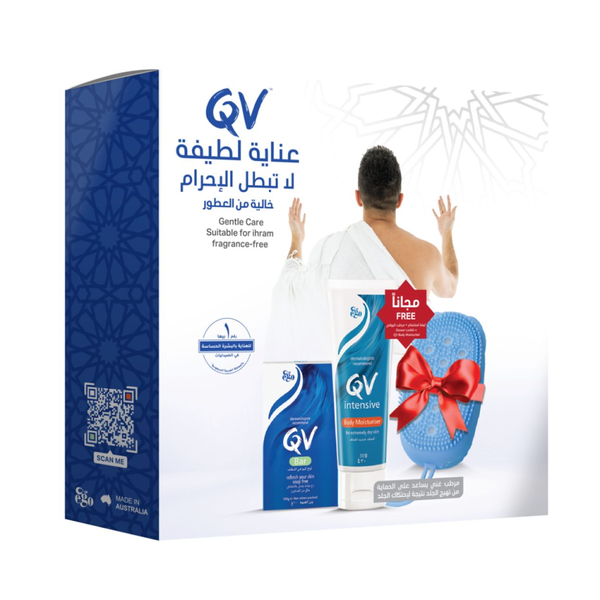 Qv Hajj and Umrah Skincare Kit, Fragrance-Free Soap, Intensive Moisturizer, Bath Sponge
