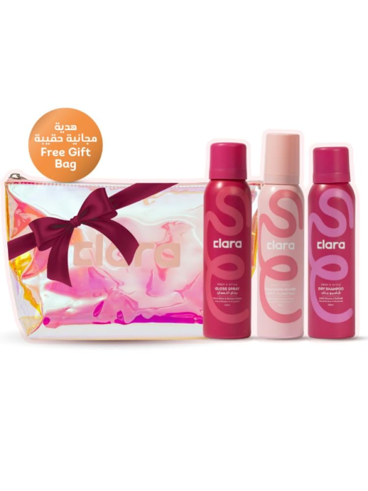 Clara Hair Styling Set: Mousse, Shine Spray, Dry Shampoo with Free Bag
