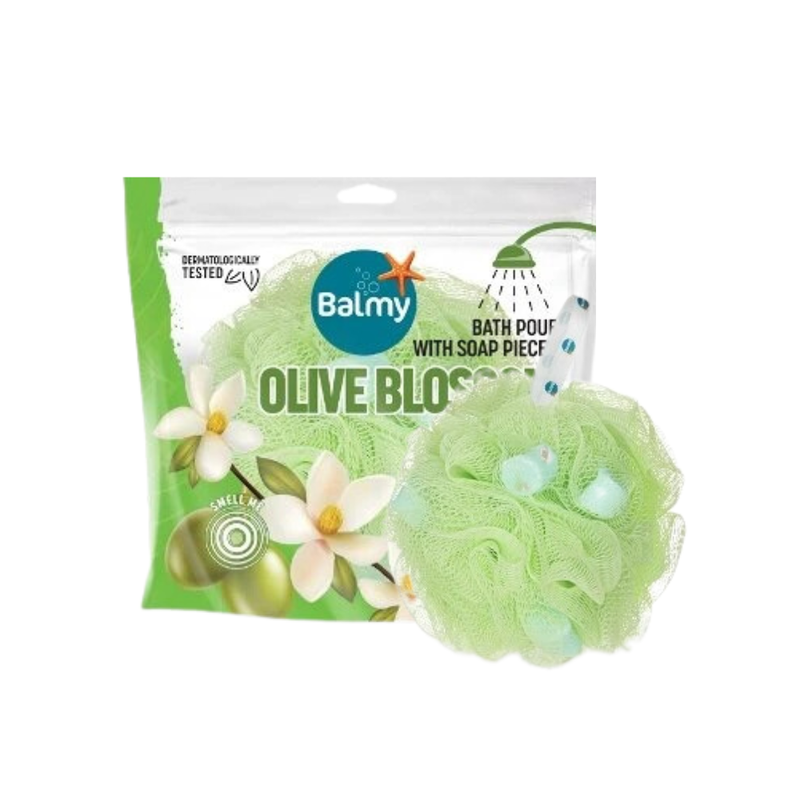 Balmy Bath Loofah with Olive Blossom Soap Bar, Exfoliating Sponge