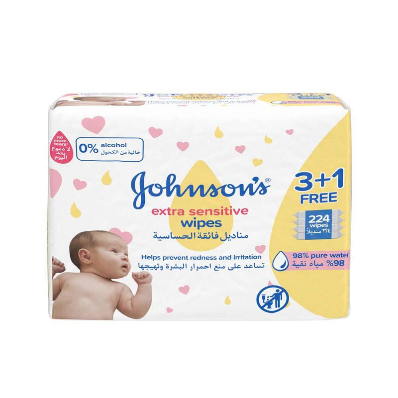 Baby Wipes Extra Sensitive 98% Water Johnson's 224 Wipes 3+1