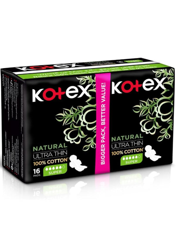 Kotex Pads Regular Ultra Thin Natural Cotton with Wings 16 Count