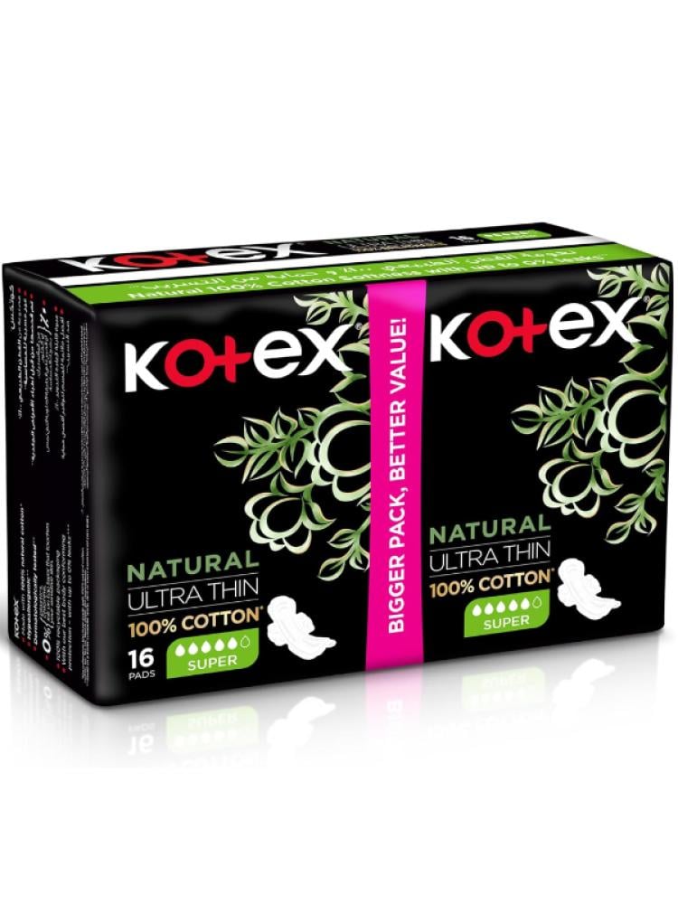 Kotex Pads Regular Ultra Thin Natural Cotton with Wings 16 Count