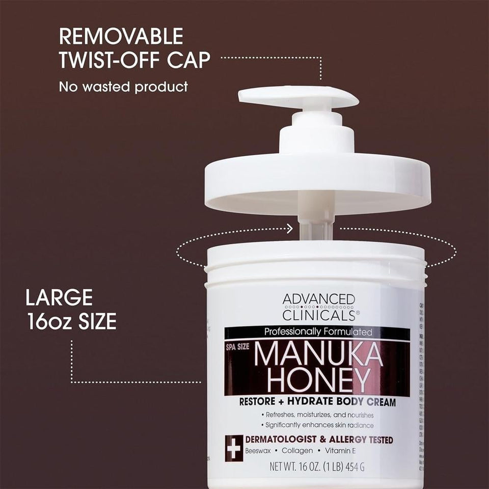 Advanced Clinicals Manuka Honey Restore Hydrate Body Cream Dry Skin 454g