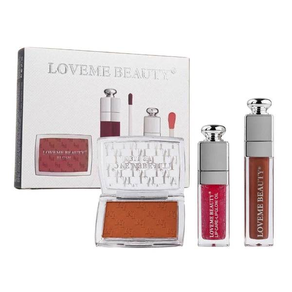 Makeup Set Lip and Cheek Trio Matte Lipstick Gloss Blush Loveme Beauty 3pc