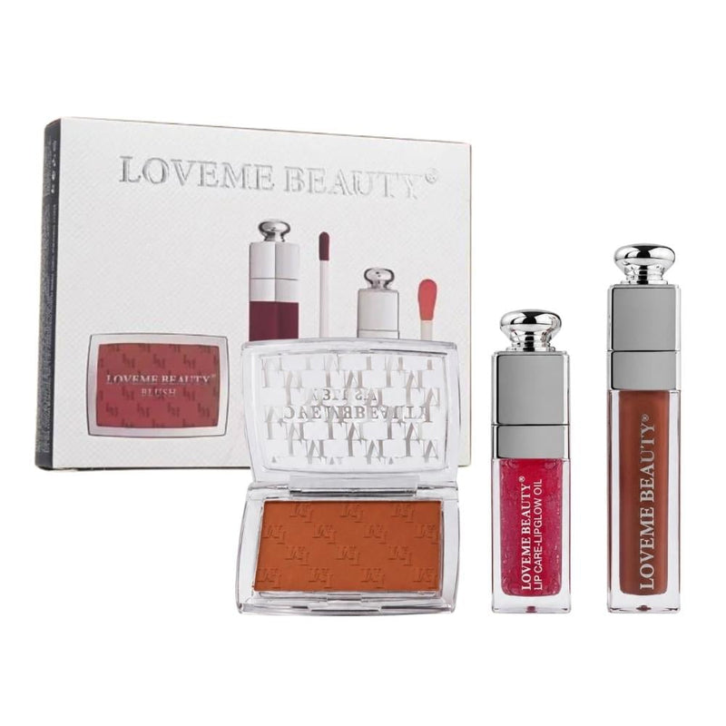 Makeup Set Lip and Cheek Trio Matte Lipstick Gloss Blush Loveme Beauty 3pc