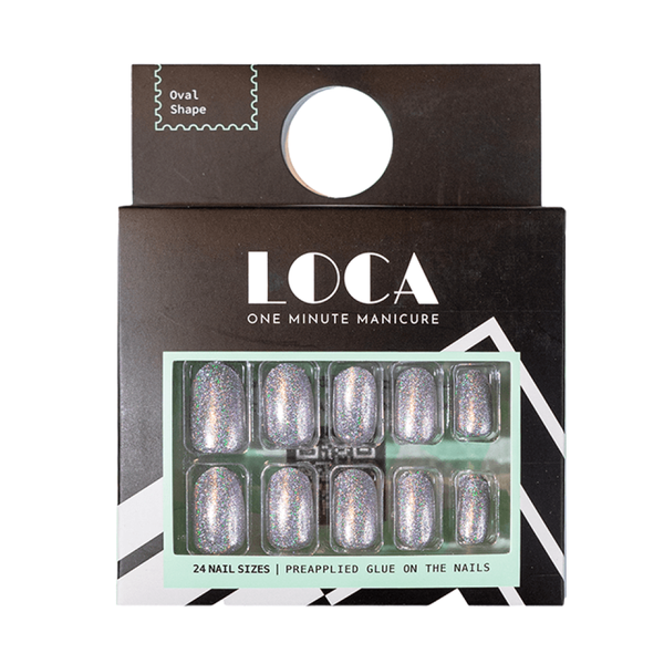 Press On Nails Silver Glitter Oval Shape Shimmer Finish LOCA 24 Pieces