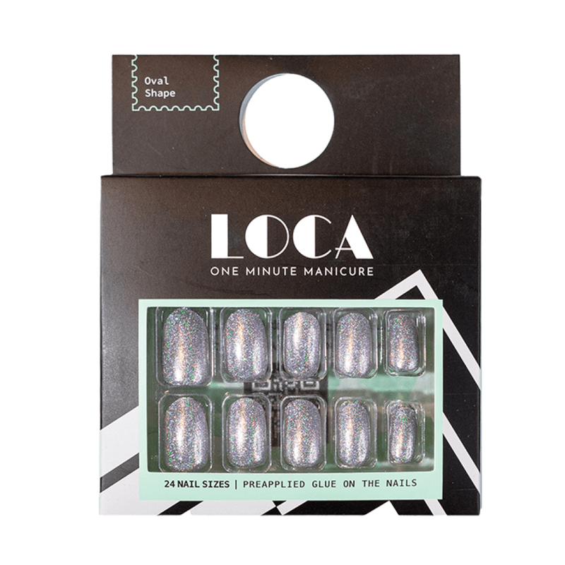 Press On Nails Silver Glitter Oval Shape Shimmer Finish LOCA 24 Pieces