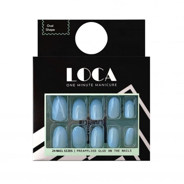 Press On Nails Baby Blue Oval Shape Adhesive Set LOCA 24 Pcs