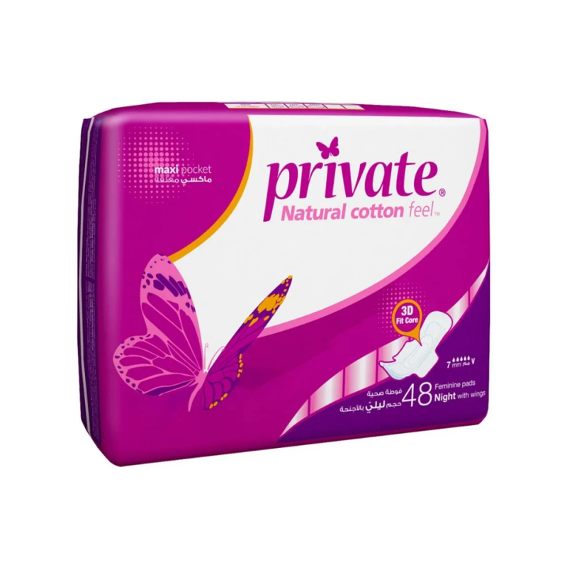 Private Maxi Super Night Size Sanitary Pads with Wings, 48 Count