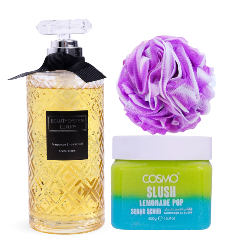Crystal Bloom Exfoliating & Cleansing Bath Set - Shower Gel, Sugar Scrub, Bath Sponge