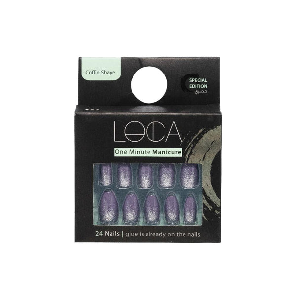 Press On Nails Purple Glitter Coffin Shape Sparkle Finish LOCA 24 Pieces