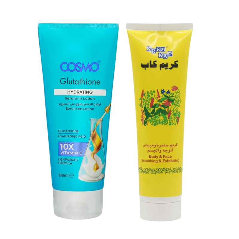 Cosmo Body Set: Cap Cream Exfoliator + Glutathione Hyaluronic Lotion